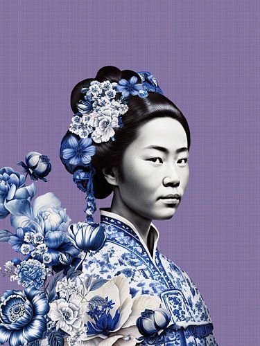Femme japonaise en Delftware sur fond lilas, violet, variation moderne d'un portrait de Geisha