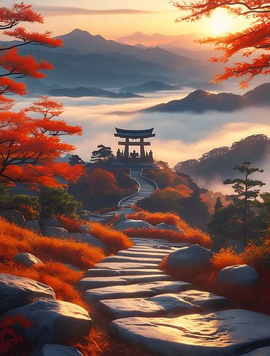zonsondergang op de heuvels richting de Japanse tempel
