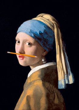 Meisje met de Parel met potlood onder de neus. Bijgesneden versie. van Maarten Knops