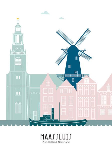 Abbildung der Skyline von Maassluis in Farbe von Mevrouw Emmer