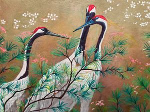 Japanische Kraniche. Traditioneller Druck mit modernem Twist