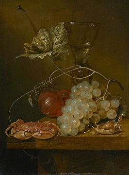 Stilleven met druiven, wijnglas en een krab, G. van Deynum