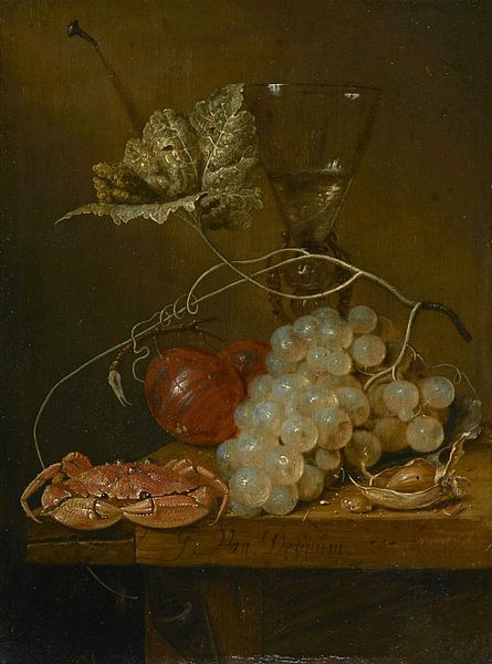 Stilleben mit Weintrauben, Weinglas und einer Krabbe, G. van Deynum von Meisterhafte Meister