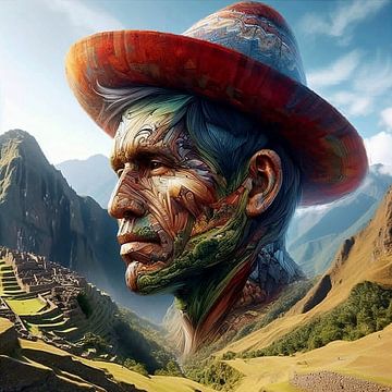 Man met hoed Zuid Amerika met landschap 2 van Yvonne van Huizen