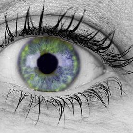 Gekleurde Iris | Zwart-wit foto van een oog van Marcel Mooij