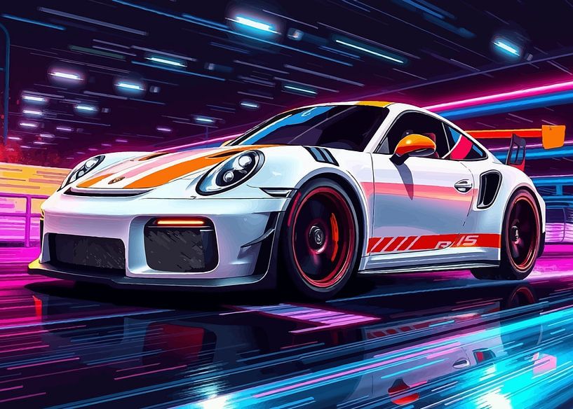 Ein weißer Porsche 911 GT3 RS mit leuchtend orangefarbenen Streifen auf dem Circuit von MIROKKU