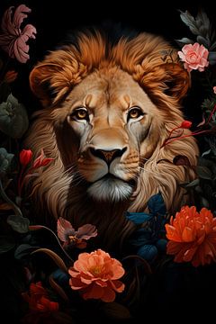 Lion surrounded by flowers by vanMuis