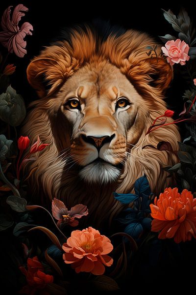 Löwe umgeben von Blumen von vanMuis