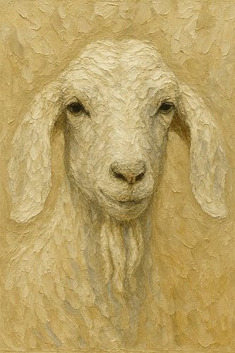 Heb je 't tegen mij? (portret witte geit acryl schilderij grappig lief kinderboerderij)