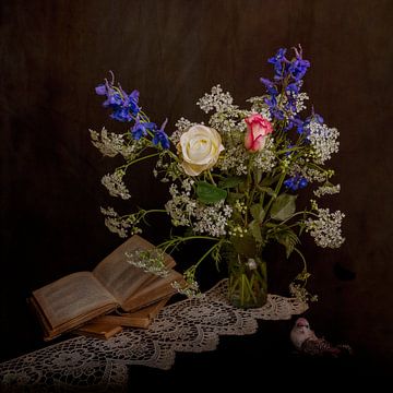 Still life with flowers and old books by Guna Andersone