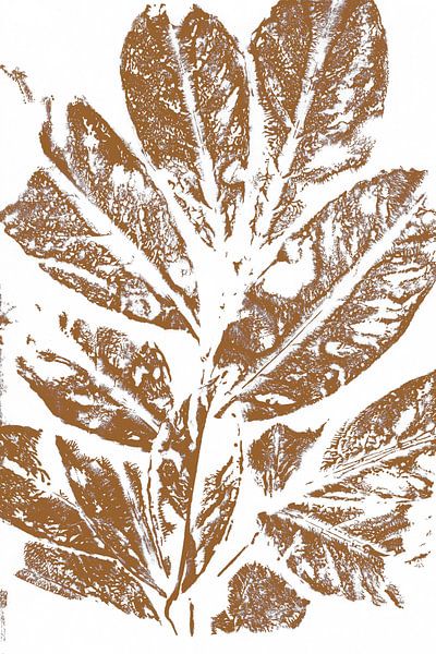 Zweig mit Blättern im Retro-Stil. Moderne botanische minimalistische Kunst in Terrakotta auf weiß von Dina Dankers