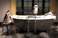 Penguins playing in the bath, a splashing painting by Arjen Roos thumbnail