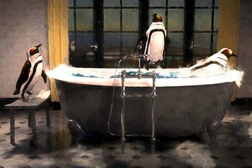 Pinguine spielen in der Badewanne, ein spritziges Gemälde von Arjen Roos