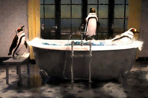 Penguins playing in the bath, a splashing painting