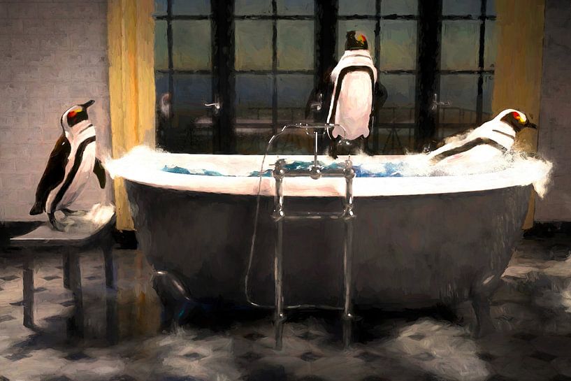 Penguins playing in the bath, a splashing painting by Arjen Roos