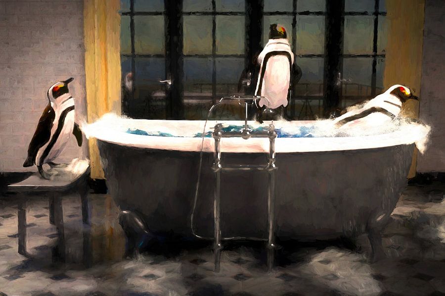 Spelende pinguins in bad, een spetterend schilderij