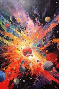 Kleurrijk schilderij van planeten en sterren van Digitale Schilderijen