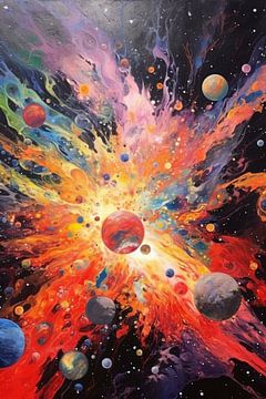 Colourful painting of planets and stars by Digitale Schilderijen