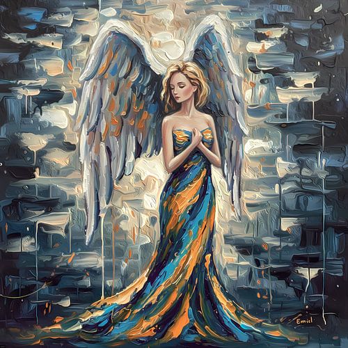 Engel olieverf schilderij in blauw en goud