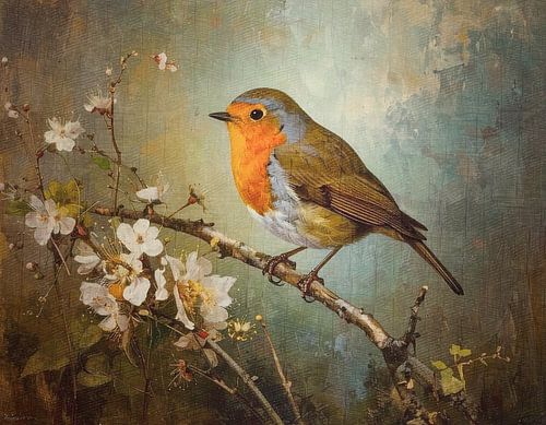 Robin on blossom branch – atmospheric nature wall decoration with bird – rustic and classic artwork for interiors by Emiel de Lange