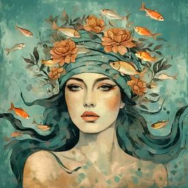 Surrealistisch vrouwenportret met vissenillustratie van MIROKKU