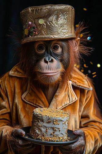 Humoristische foto met orang-oetan in jaren '70 disco outfit verjaardag