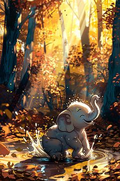 Spelende olifant in herfstbos van Imperial Art House