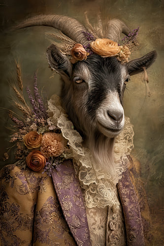 Goat with Flowers – An Elegant Portrait in Ochre