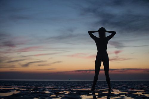 Artistique silhouette nue avec le coucher du soleil dans la mer des Wadden