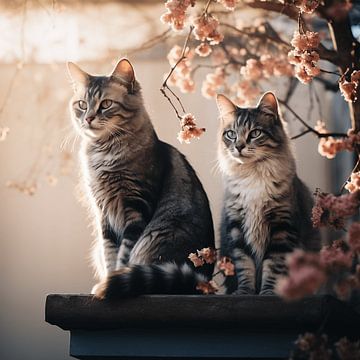 Chillen unter der Blüte - zwei Katzen sitzen gemütlich auf dem Tisch von Karina Brouwer