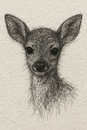 Draad portret hertenkalf (schattig klein diertje bos warm beige zwart babykamer tekening)