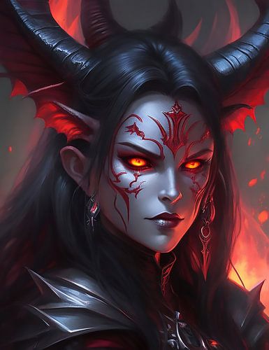 Duister portret met vurige ogen en hoorns.