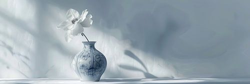 Minimalist still life vase with flower in grey-blue hue panorama