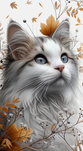 poes - kat tussen takjes en blaadjes