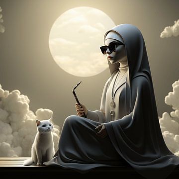 Vaping Nun and White Cat in the Moonlight by Karina Brouwer