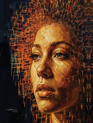 Gloeiend vrouwelijk portret met textuur - Abstract olieverfschilderij met stralende oranje geometrie