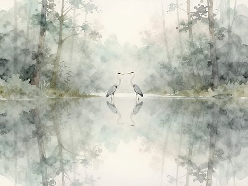 Two herons by the misty lake