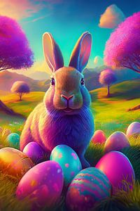 Osterhase mit bunten Ostereiern im Gras mit Birkenbäumen