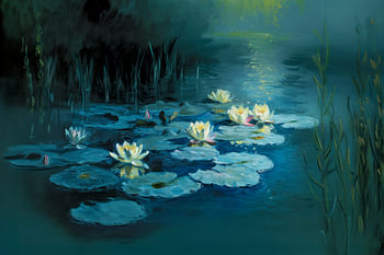 Peinture de Nénuphars Bleus au Clair de Lune