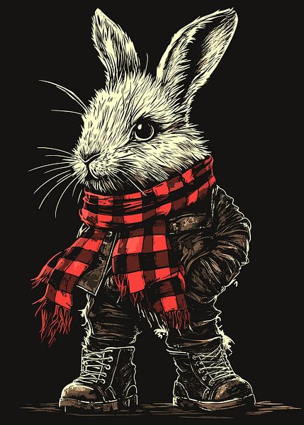 Hase im Punk-Outfit mit kariertem Schal von Pixelbull Design