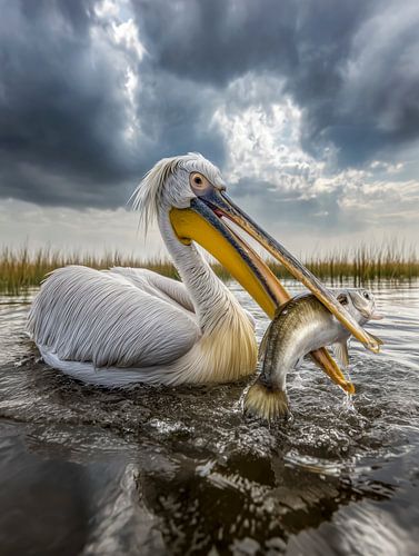 Een majestueuze pelikaan die vis vangt in het rustige water