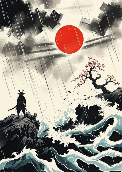 Samurai in Rain with Rising Sun by MIROKKU