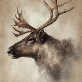 Illustration aquarelle détaillée d'un renne dans des tons naturels chauds sur But First Framing