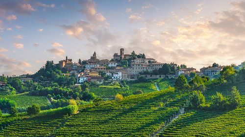 Zonsondergang boven het dorp Neive en de wijngaarden van de Langhe