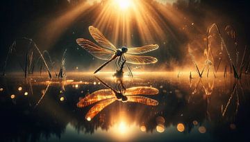 Ochtendgloed: Libelle weerspiegeld in het zonlicht van artefacti