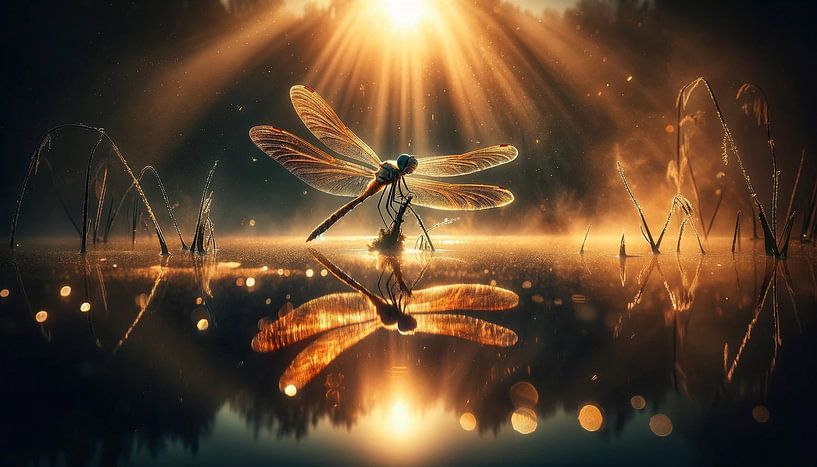 Éclat du matin : une libellule se reflète dans la lumière du soleil par artefacti