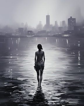 Jonge vrouw in de rivier bij New York van Hans-Jürgen Flaswinkel