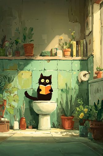Zwarte kat op het toilet geniet van haar leestijd
