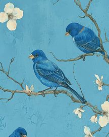 Three blue birds with blossom branch