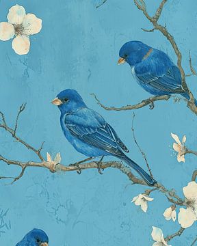 Drie blauwe vogels met bloesem tak van Vlindertuin Art